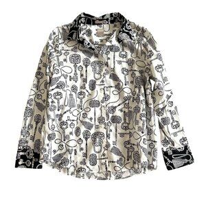 Chicos Womens Sz 8/10 No-Iron Button-Up Shirt Black & White Key Print